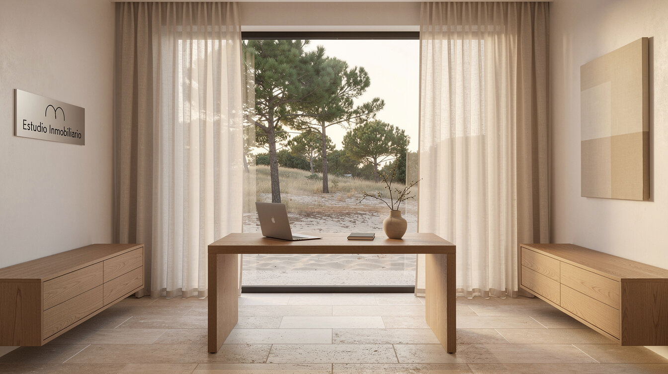 Interior of a boutique real estate office with linen and oak decor